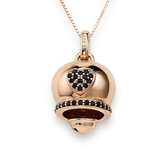 Rose gold silver bell pendant with heart-shaped black stones and lower band accents; polished finish and box-style golden silver chain  金色银铃铛吊坠，心形黑色宝石与下方饰带设计，抛光表面，配方形金色银链