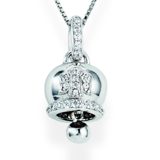 Sterling silver bell pendant with pavé-set zirconia and angel figure; diamond-patterned surface and stone-encrusted loop on silver chain  | 925纯银铃铛吊坠，铺镶锆石天使图案，钻石纹理设计，连接环镶嵌锆石，配银色项链
