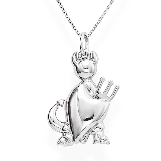 925 sterling silver devil pendant with zirconia stones, polished finish, box link chain, featuring horns, tail, and trident |  925纯银恶魔吊坠，镶嵌锆石，镜面抛光，盒形链条，含犄角、尾巴与三叉戟设计
