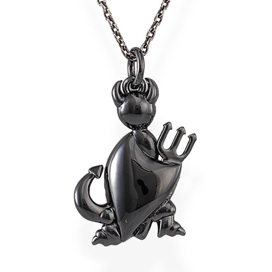 925 sterling silver devil pendant with zirconia stones, cartoon horns, tail, and trident on silver chain  | 925纯银恶魔吊坠，镶嵌锆石，卡通犄角、尾巴与三叉戟，搭配银链