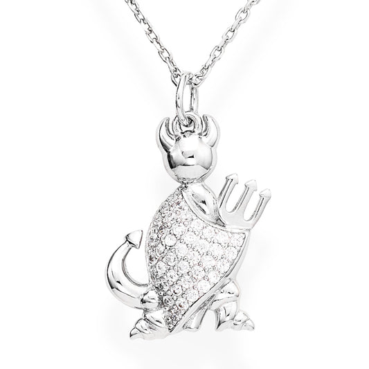925 sterling silver devil pendant with pavé-set zirconia stones, featuring horns, tail, and trident on a silver chain  | 925纯银恶魔造型吊坠，镶嵌锆石，配有犄角、尾巴与三叉戟，搭配银链条
