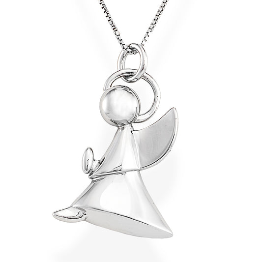 925 sterling silver angel pendant with zirconia stones, polished finish, minimalist wings and conical body, attached to silver chain via interlocking rings  | 925纯银天使吊坠，镶嵌锆石，镜面抛光，简约翅膀与锥形身，通过交错圆环连接银链
