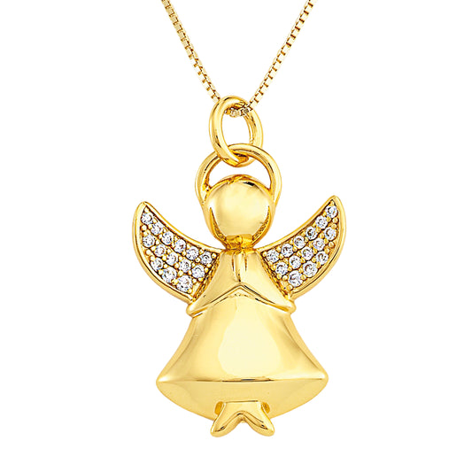 Rose gold 925 sterling silver angel pendant with zirconia wings, halo detail, polished finish, attached to gold chain  | 玫瑰金925纯银天使吊坠，翅膀镶嵌锆石，配光环，镜面抛光，连接金色项链
