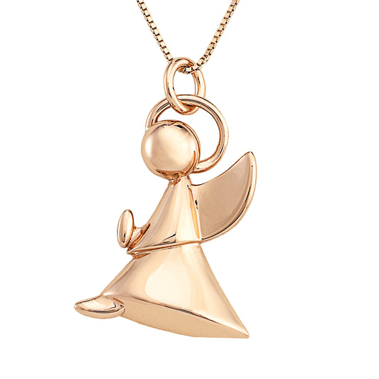 Rose gold angel pendant in 925 sterling silver with zirconia pavé wings and robe silhouette, halo detail, on gold chain  | 玫瑰金925纯银天使吊坠，翅膀密钉镶嵌锆石，长袍造型，光环设计，配金色项链
