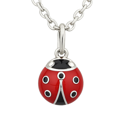 Ladybug-shaped 925 sterling silver pendant with red and black enamel detailing, polished finish silver chain  | 红黑珐琅瓢虫造型925纯银吊坠，抛光处理，搭配银链条
