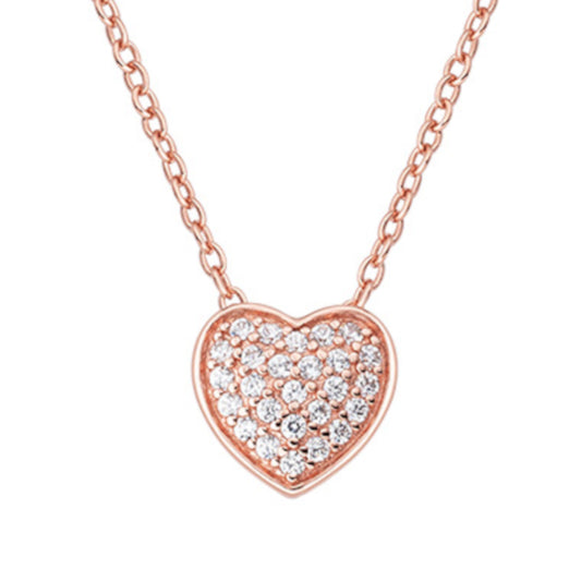 Rose gold heart pendant necklace with pavé-set zirconia on 925 sterling silver chain  | 玫瑰金心形吊坠项链，密镶锆石，925纯银链条，设计精致闪耀
