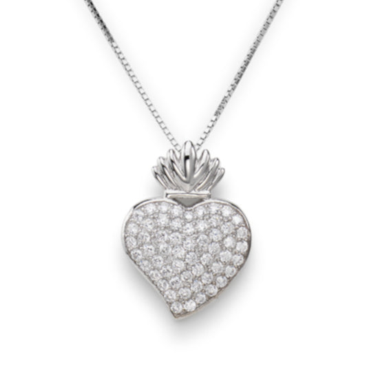 925 sterling silver heart pendant necklace with pavé-set zirconia stones and crown detail, rose gold or silver finish  925纯银心形吊坠项链，密镶锆石，皇冠造型，银色表面处理