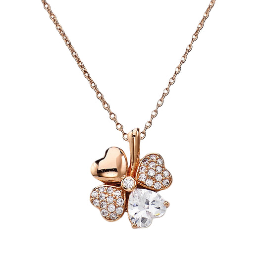 925 sterling silver rose gold four-leaf clover pendant necklace with zirconia stones, pavé and prong-set, heart-shaped motif | 925纯银玫瑰金四叶草吊坠项链，锆石密钉与爪镶，心形设计
