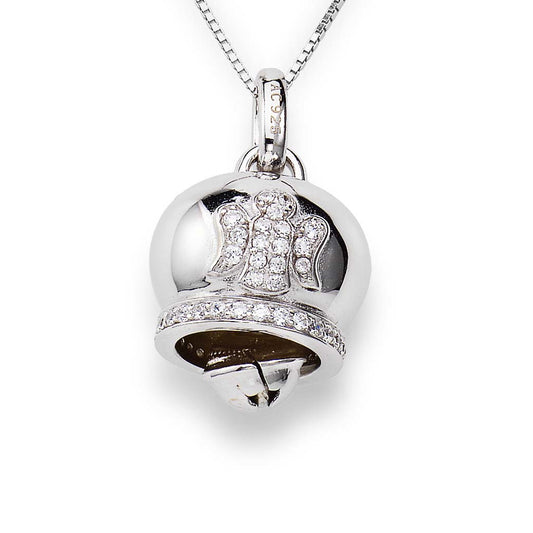 925 sterling silver bell pendant with pavé zirconia angel motif, polished finish, and AG 925 engraving on silver chain | 925纯银铃铛吊坠，密钉锆石天使图案，高亮抛光处理，AG 925刻字，搭配银链
