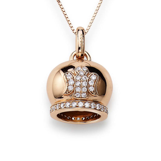 Rose gold 925 sterling silver bell pendant necklace with pavé-set zirconia stones and engraved angel symbol, polished finish and box chain  玫瑰金925纯银铃铛吊坠项链，密钉镶嵌锆石，刻有天使图案，抛光表面与盒式链条
