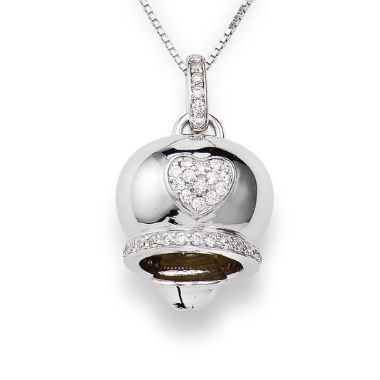 925 sterling silver bell-shaped pendant with pavé zirconia heart, halo stones, and diamond-studded bail on silver chain  | 925纯银铃铛造型吊坠，心形密钉锆石与环绕锆石设计，配银色项链
