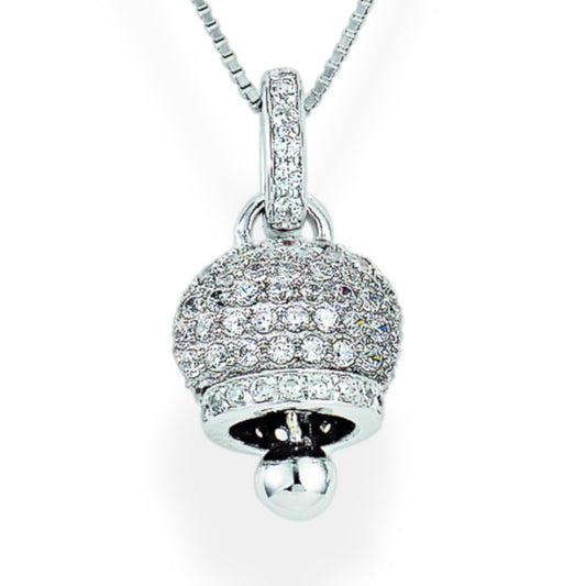 925 sterling silver bell pendant necklace with pavé-set zirconia stones and dangling sphere, polished Rose Gold or Silver finish | 925纯银铃铛吊坠项链，密镶锆石与悬挂小球设计，银色抛光处理

