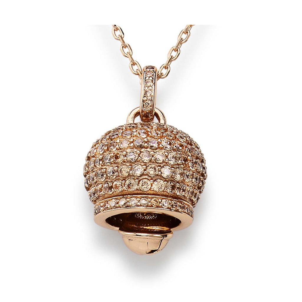 Rose gold bell-shaped pendant necklace made of 925 sterling silver, pavé-set zirconia stones, elegant link chain  | 玫瑰金铃铛造型吊坠项链，925纯银材质，铺镶锆石，精致链条设计