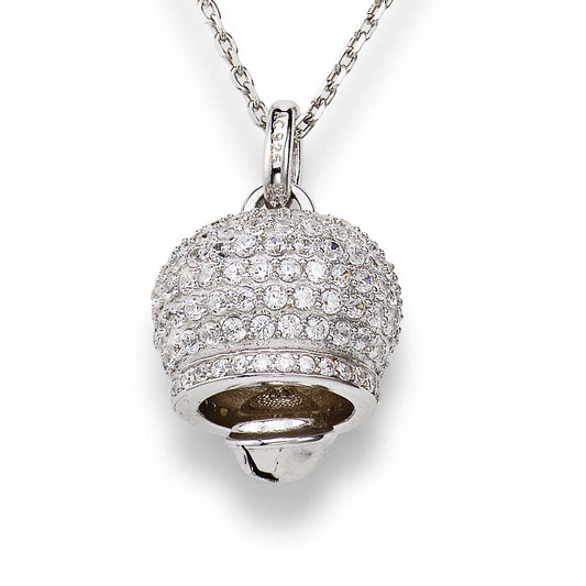 925 sterling silver bell pendant necklace with pavé-set zirconia stones and dangling sphere, polished Rose Gold or Silver finish  | 925纯银铃铛吊坠项链，密镶锆石与悬挂小球设计，银色抛光处理