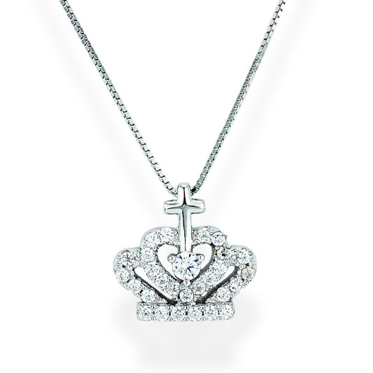 925 sterling silver crown pendant necklace with zirconia stones, heart-shaped center, cross detail, and thin chain | 925纯银皇冠吊坠项链，镶嵌锆石，主石与十字细节，搭配细链条

