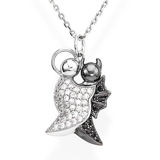 925 sterling silver intertwined pendant necklace with pavé-set zirconia and gunmetal contrast, abstract dual-figure design  | 925纯银交织吊坠项链，密钉锆石与枪色对比，抽象双人设计