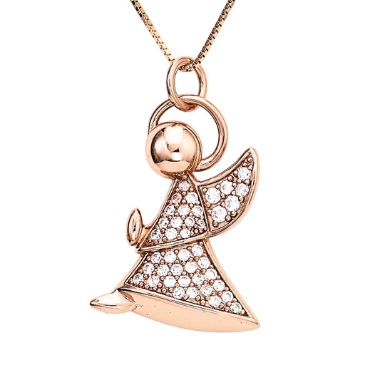 Rose gold 925 sterling silver angel pendant necklace with pavé-set zirconia stones, halo and wing details, elegant charm design  | 玫瑰金925纯银天使吊坠项链，密钉镶嵌锆石，光环与翅膀设计，优雅魅力款式

