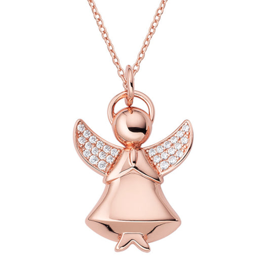 Rose gold angel pendant in 925 sterling silver with zirconia pavé wings and prayer pose, delicate chain included  | 玫瑰金925纯银天使吊坠，翅膀密钉镶嵌锆石，祈祷造型，配精致项链
