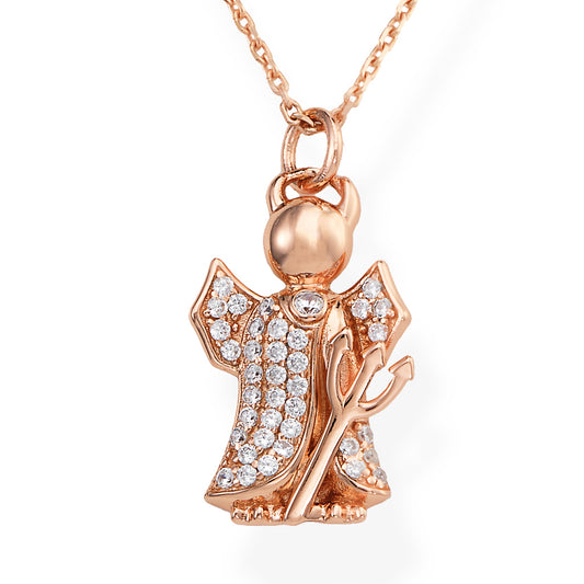 Rose gold 925 sterling silver angel pendant with zirconia pavé wings and robe, holding trident, on fine rose gold chain  | 玫瑰金925纯银天使吊坠，翅膀与长袍密钉锆石镶嵌，手持三叉戟，搭配精致玫瑰金链条
