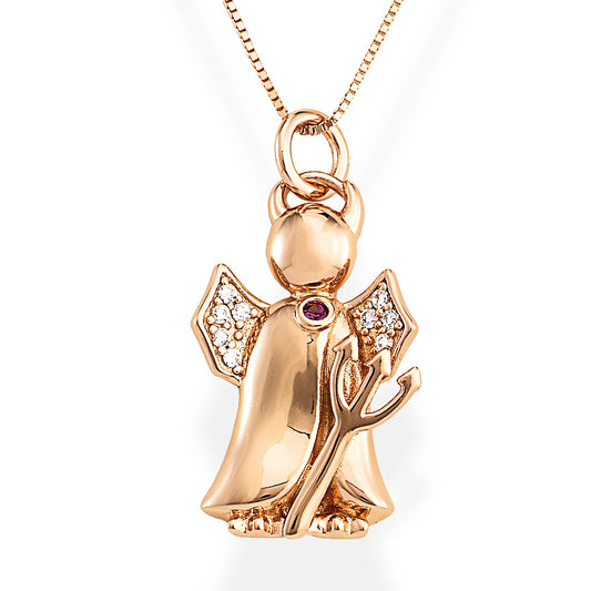 Gold-toned 925 sterling silver angel pendant with pavé zirconia wings, purple gemstone, and trident detail on fine gold chain | 金色925纯银天使吊坠，翅膀密钉锆石镶嵌，胸前紫色锆石，三叉戟设计，搭配精致金链
