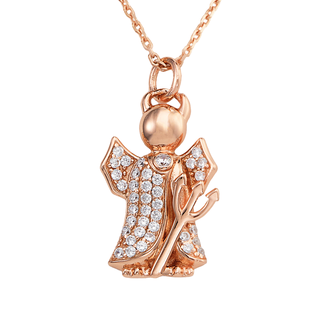 Rose gold 925 sterling silver angel pendant with zirconia pavé wings and robe, holding trident, on fine rose gold chain  | 玫瑰金925纯银天使吊坠，翅膀与长袍密钉锆石镶嵌，手持三叉戟，搭配精致玫瑰金链条
