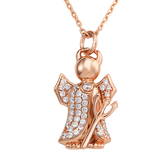Rose gold 925 sterling silver angel pendant with zirconia pavé wings and robe, holding trident, on fine rose gold chain  | 玫瑰金925纯银天使吊坠，翅膀与长袍密钉锆石镶嵌，手持三叉戟，搭配精致玫瑰金链条

