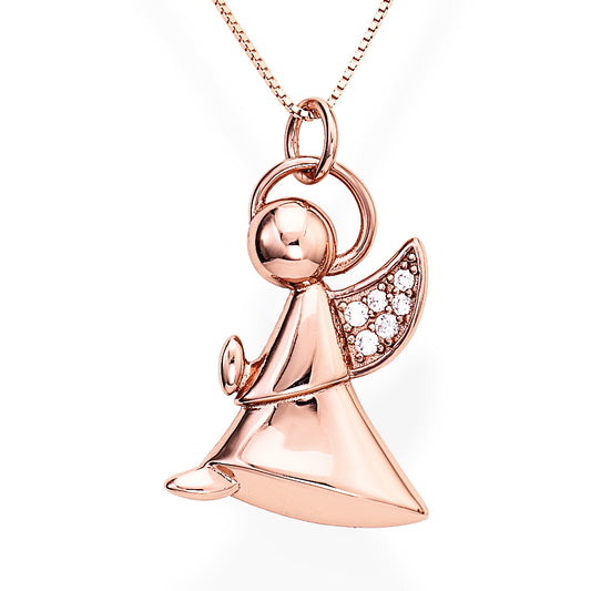 Rose gold 925 sterling silver angel pendant with zirconia wings and halo on a delicate chain  | 玫瑰金925纯银天使吊坠，镶嵌锆石翅膀与光环，搭配精致链条
