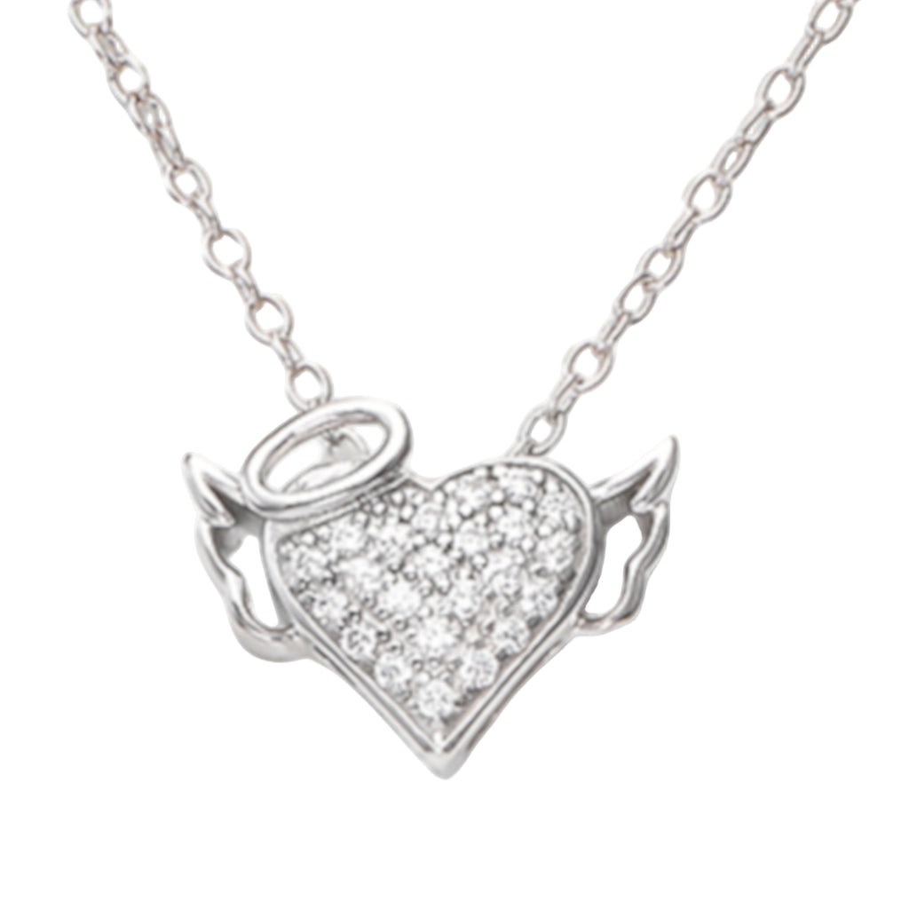 925 sterling silver heart pendant with zirconia stones, angel wings and halo design, prong setting, elegant silver necklace for gifting or daily wear  | 925纯银心形吊坠，镶嵌锆石，天使羽翼与光环设计，爪镶工艺，优雅银项链适合送礼或日常佩戴