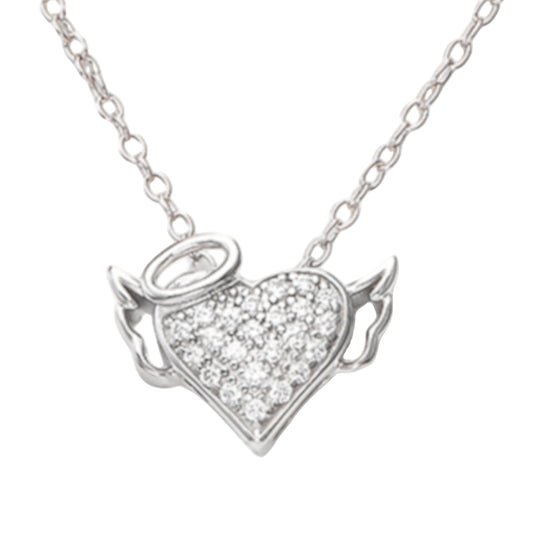 925 sterling silver heart pendant with zirconia stones, angel wings and halo design, prong setting, elegant silver necklace for gifting or daily wear  | 925纯银心形吊坠，镶嵌锆石，天使羽翼与光环设计，爪镶工艺，优雅银项链适合送礼或日常佩戴