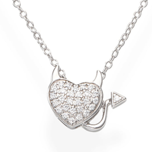 925 sterling silver heart pendant necklace with zirconia stones, rose gold finish, devil-inspired horns and tail design, pavé setting, elegant and playful style  | 925纯银心形吊坠项链，玫瑰金色，镶嵌锆石，恶魔造型，密钉镶嵌，优雅俏皮风格

