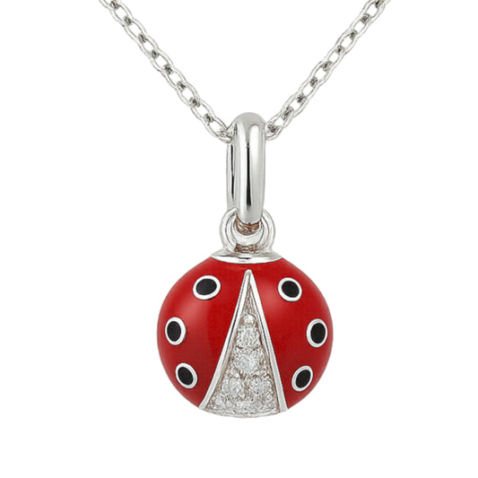 Ladybug pendant necklace in 925 sterling silver with red and black enamel, pavé-set zirconia center, 10mm motif on silver chain  | 925纯银瓢虫吊坠项链，红黑珐琅装饰，中间铺排镶嵌锆石，吊坠尺寸10毫米，银链搭配
