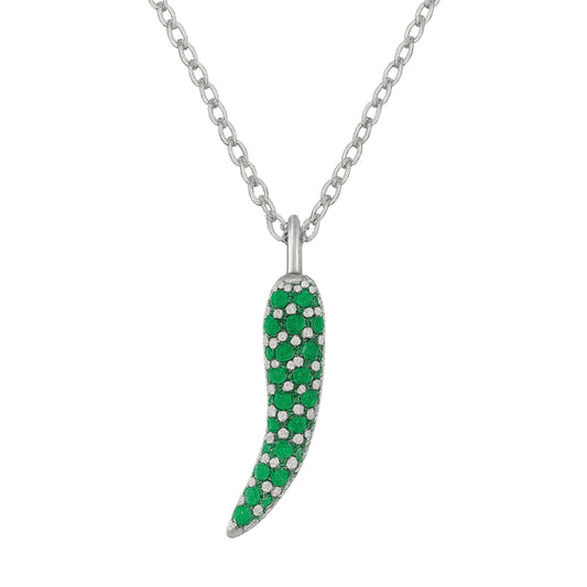 925 sterling silver chili pendant necklace with green and white zirconia in pavé setting, elegant silver chain  | 925纯银辣椒造型吊坠项链，绿色锆石密钉镶嵌，搭配精致银链条