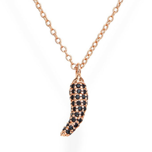 925 sterling silver rose gold horn pendant necklace with black zirconia pavé setting, elegant curved design | 925纯银玫瑰金弯角吊坠项链，镶嵌黑色锆石，造型优雅曲线设计
