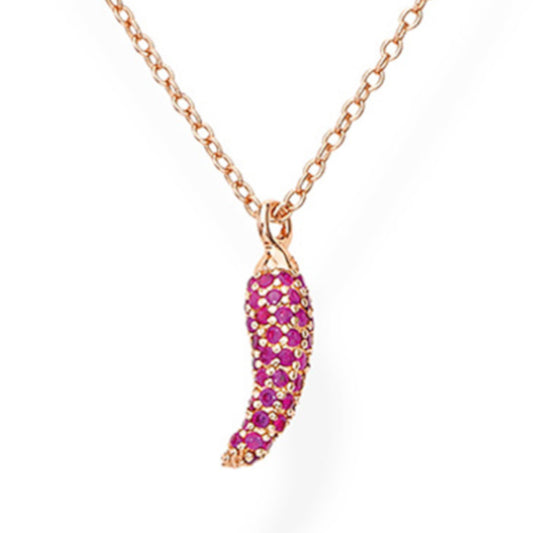 Rose gold 925 sterling silver chili pepper pendant necklace with pink zirconia pavé setting, elegant and playful design  | 玫瑰金925纯银辣椒吊坠项链，镶嵌粉色锆石，设计优雅俏皮