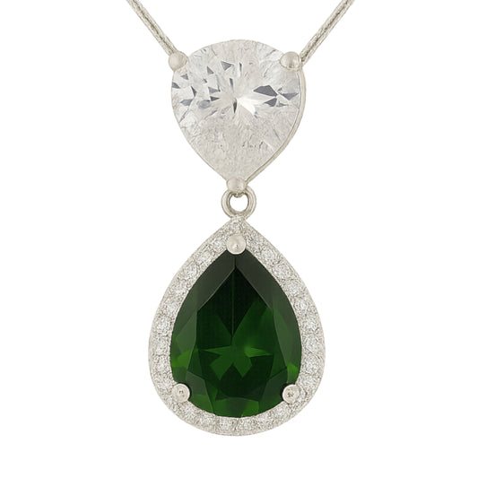925 sterling silver necklace with pear-cut green zirconia in halo setting and clear zirconia accent  | 925纯银项链，梨形绿色锆石微镶设计，配清澈锆石点缀