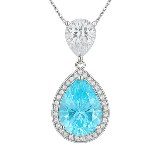 925 sterling silver necklace with blue and clear pear-shaped zirconia stones in halo setting, polished finish, elegant pendant design for gifting or formal wear  | 925纯银项链，蓝色与清澈梨形锆石微镶吊坠设计，抛光表面，适合送礼或正式场合佩戴