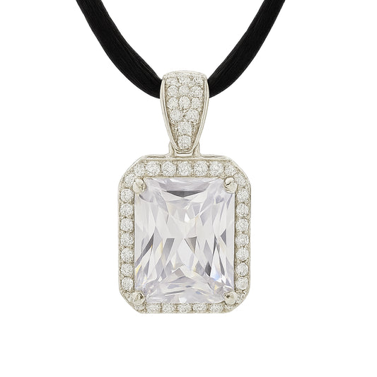 925 sterling silver pendant with rectangular zirconia center and pavé-set round zirconia accents on bail, attached to black cord necklace  | 925纯银吊坠，长方形锆石主石，镶嵌圆形锆石，搭配黑色绳链