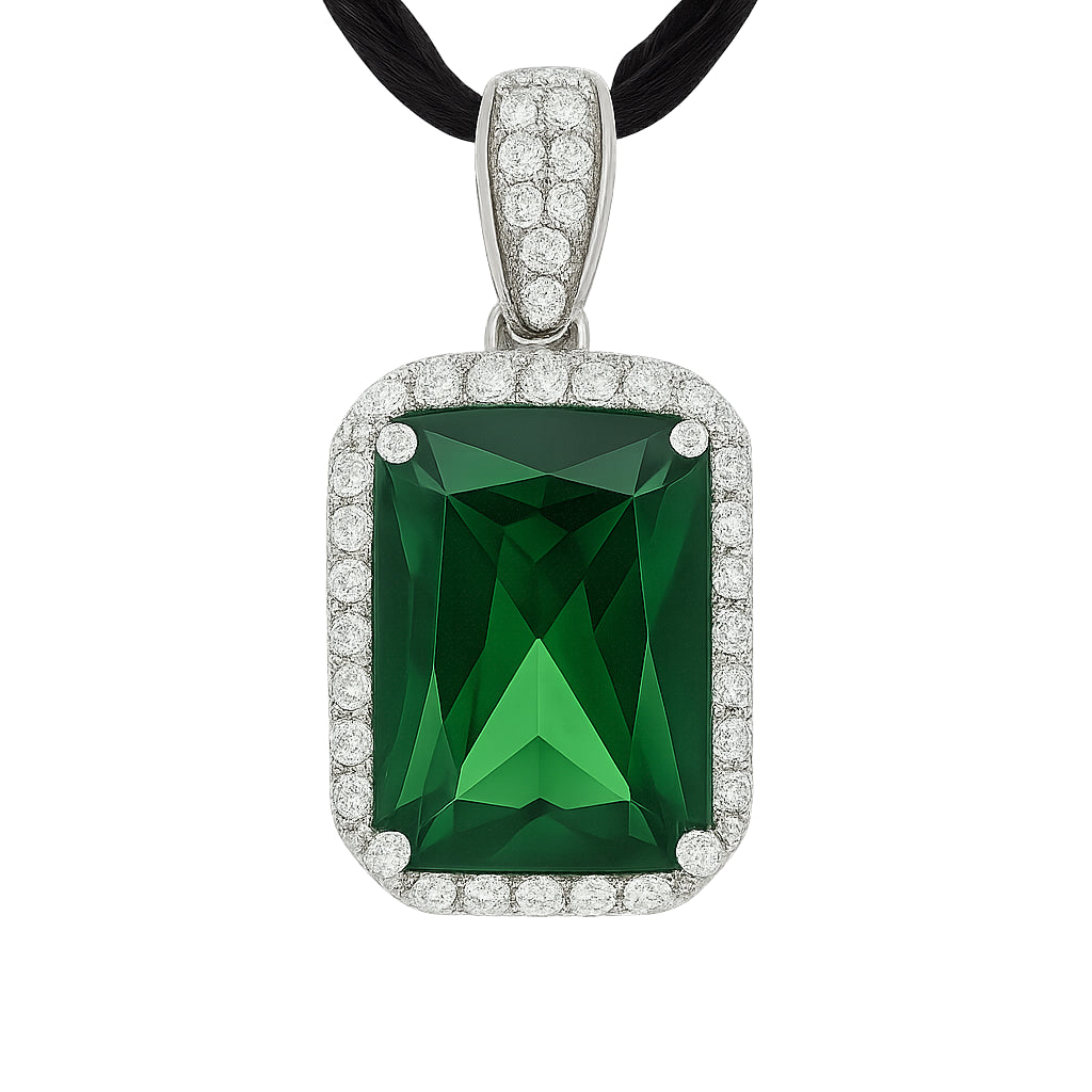 925 sterling silver pendant with 25.5mm green zirconia center and pavé white zirconia halo, set on a black chain   | 925纯银吊坠，25.5毫米绿色锆石主石配密钉白色锆石光环，搭配黑色链条