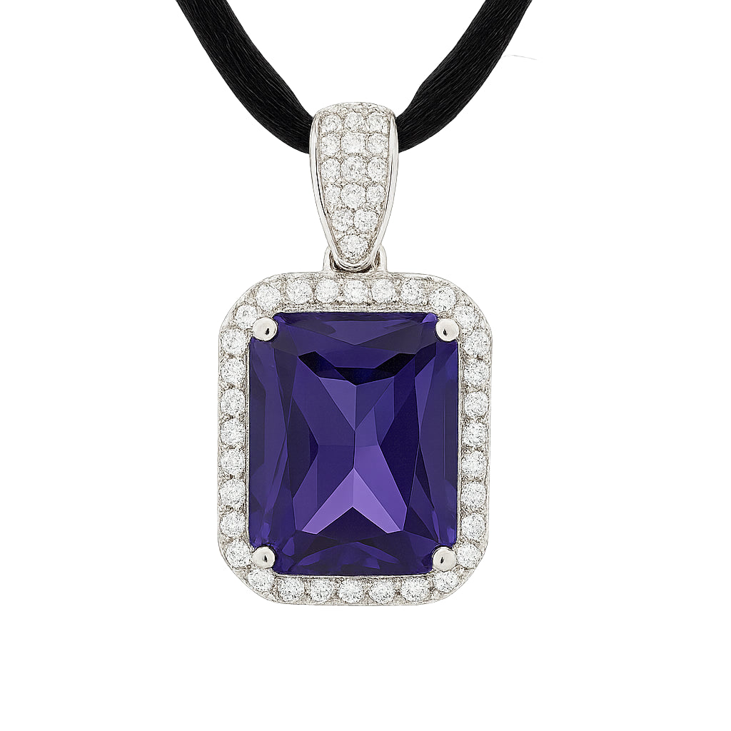925 sterling silver pendant with deep purple zirconia center, pavé-set round zirconia border, black cord necklace, elegant rectangular design  | 925纯银吊坠，深紫色锆石主石，密镶圆形锆石边框，黑色绳链，优雅矩形设计