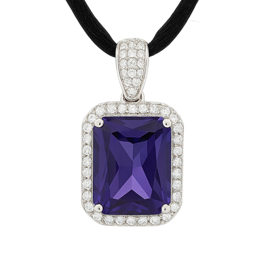 925 sterling silver pendant with deep purple zirconia center, pavé-set round zirconia border, black cord necklace, elegant rectangular design  | 925纯银吊坠，深紫色锆石主石，密镶圆形锆石边框，黑色绳链，优雅矩形设计